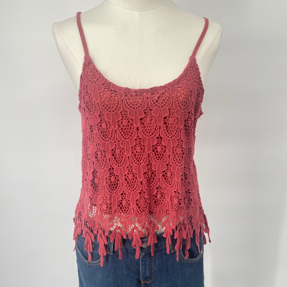 Rue21 Red Crochet Lace Cami Crop Top Boho Festival Fringe Hem Small Hippie Indie